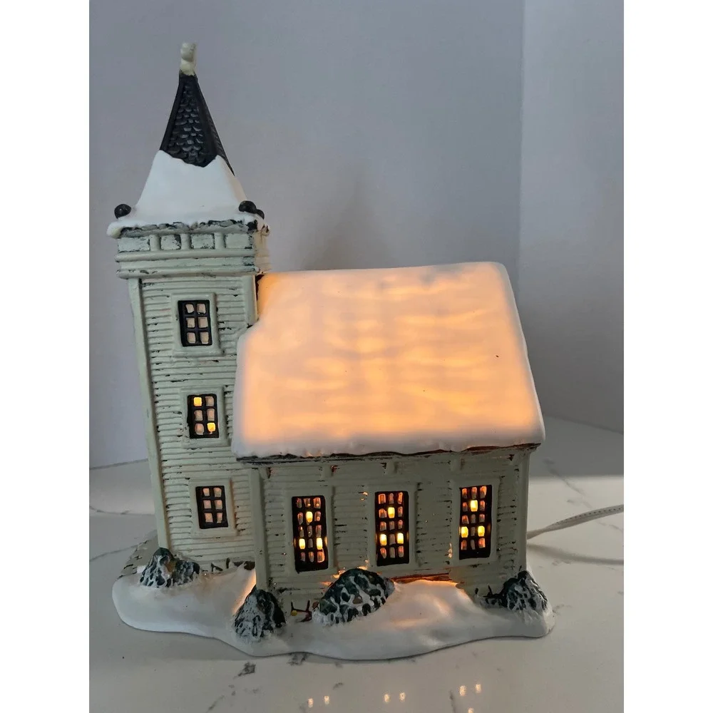 Vintage Style Lighted Christmas Village Church Snow‎ Covered Winter Decor White